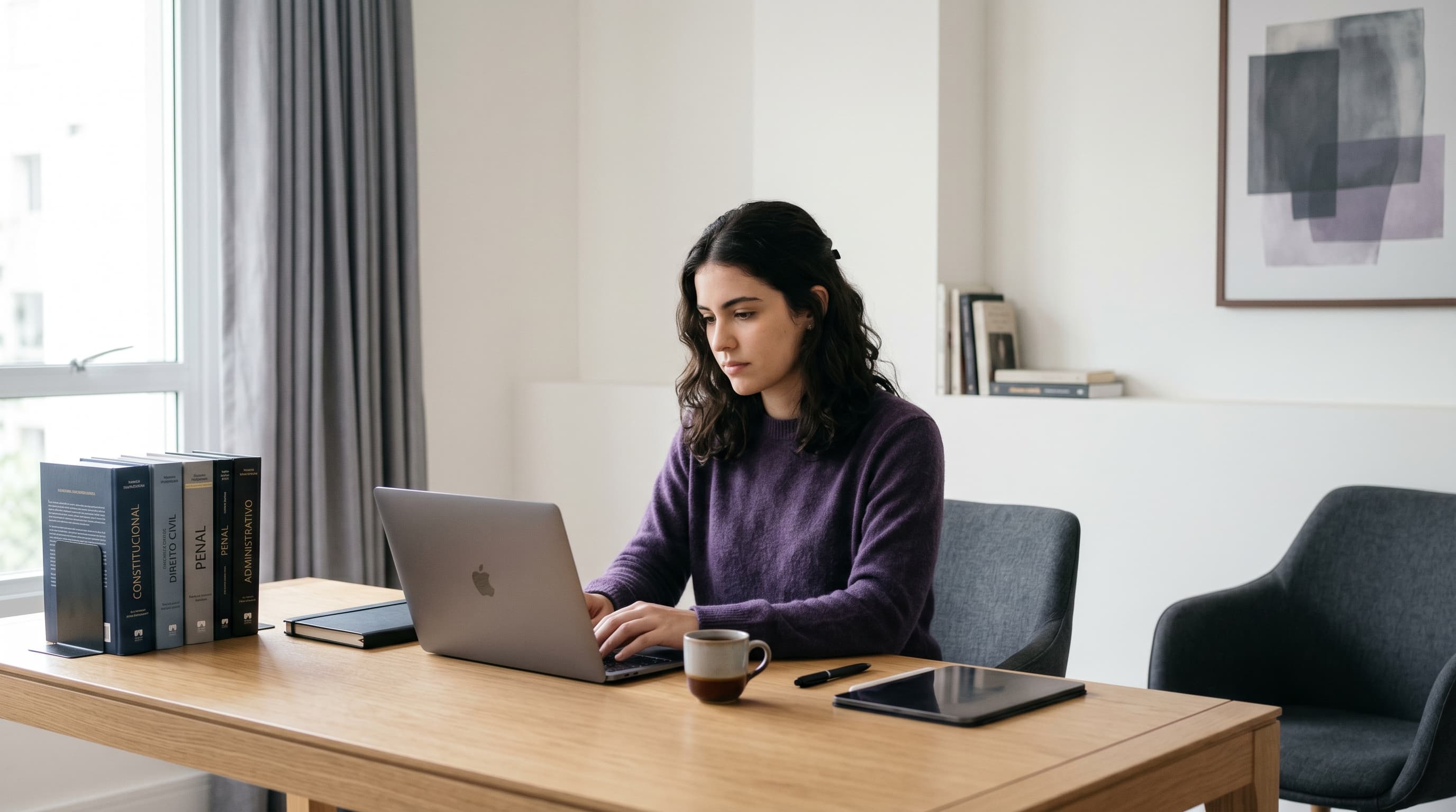 Estudante com notebook e livros de Direito numa mesa organizada