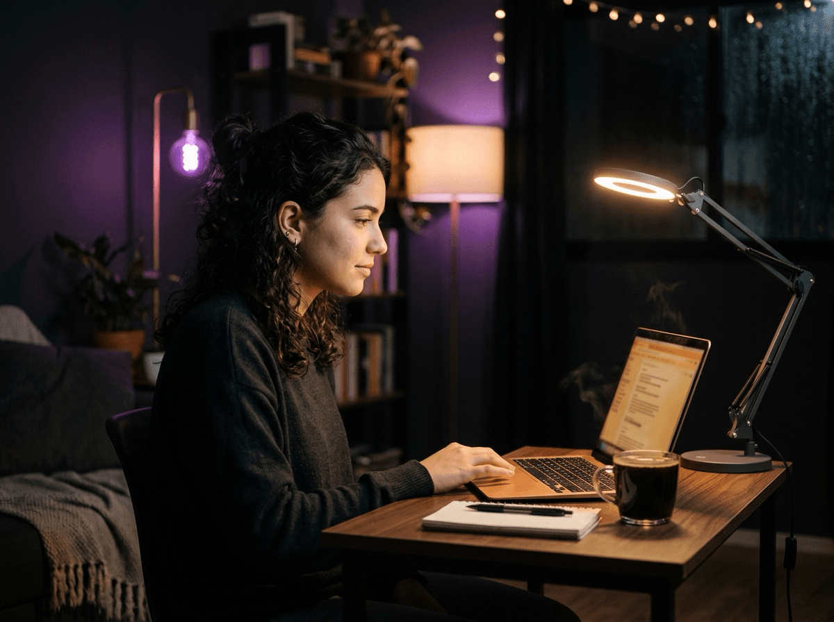 Pessoa estudando à noite em casa com notebook, luminária e uma xícara de café
