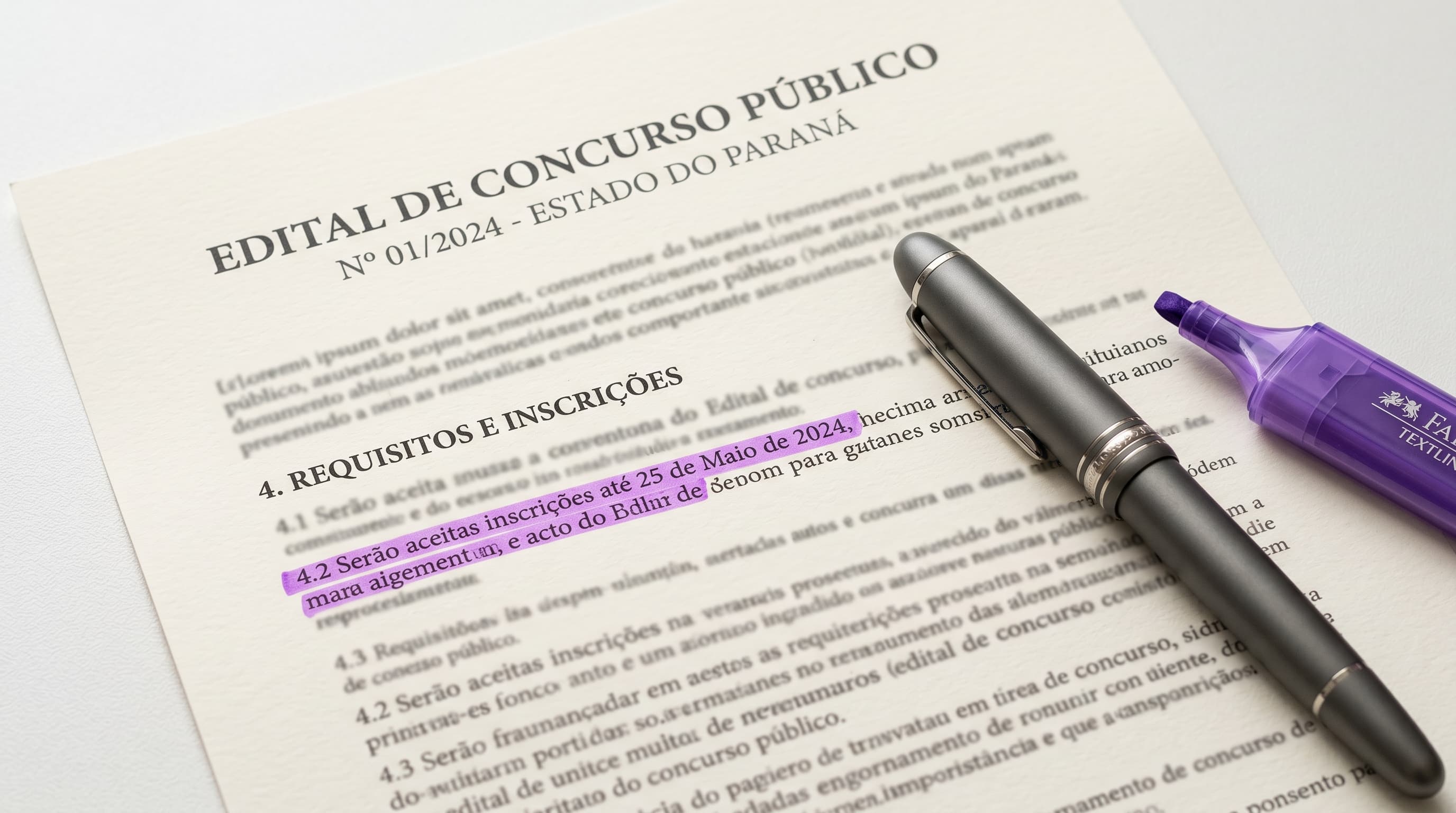 Documento de edital de concurso com caneta e marca-texto