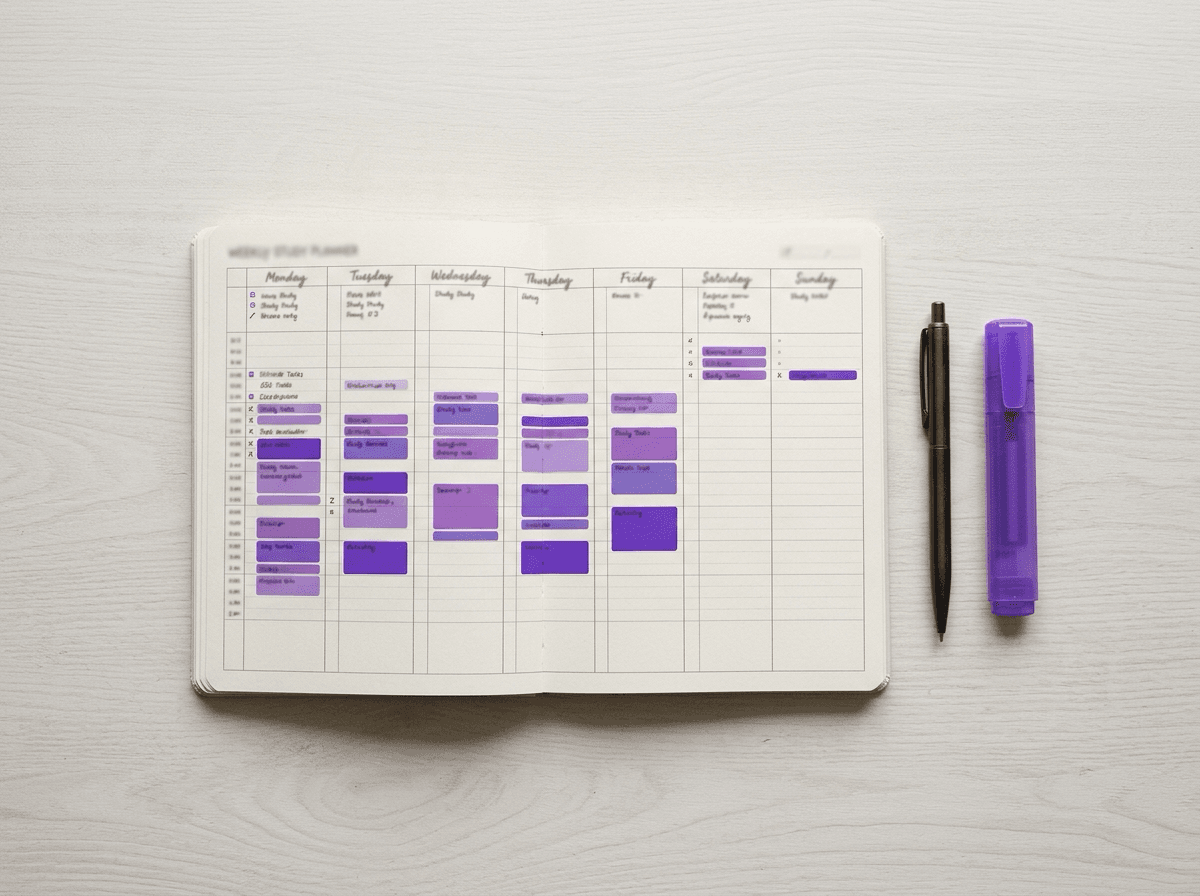 Planner de estudos semanal com blocos coloridos, caneta e marca-texto roxo