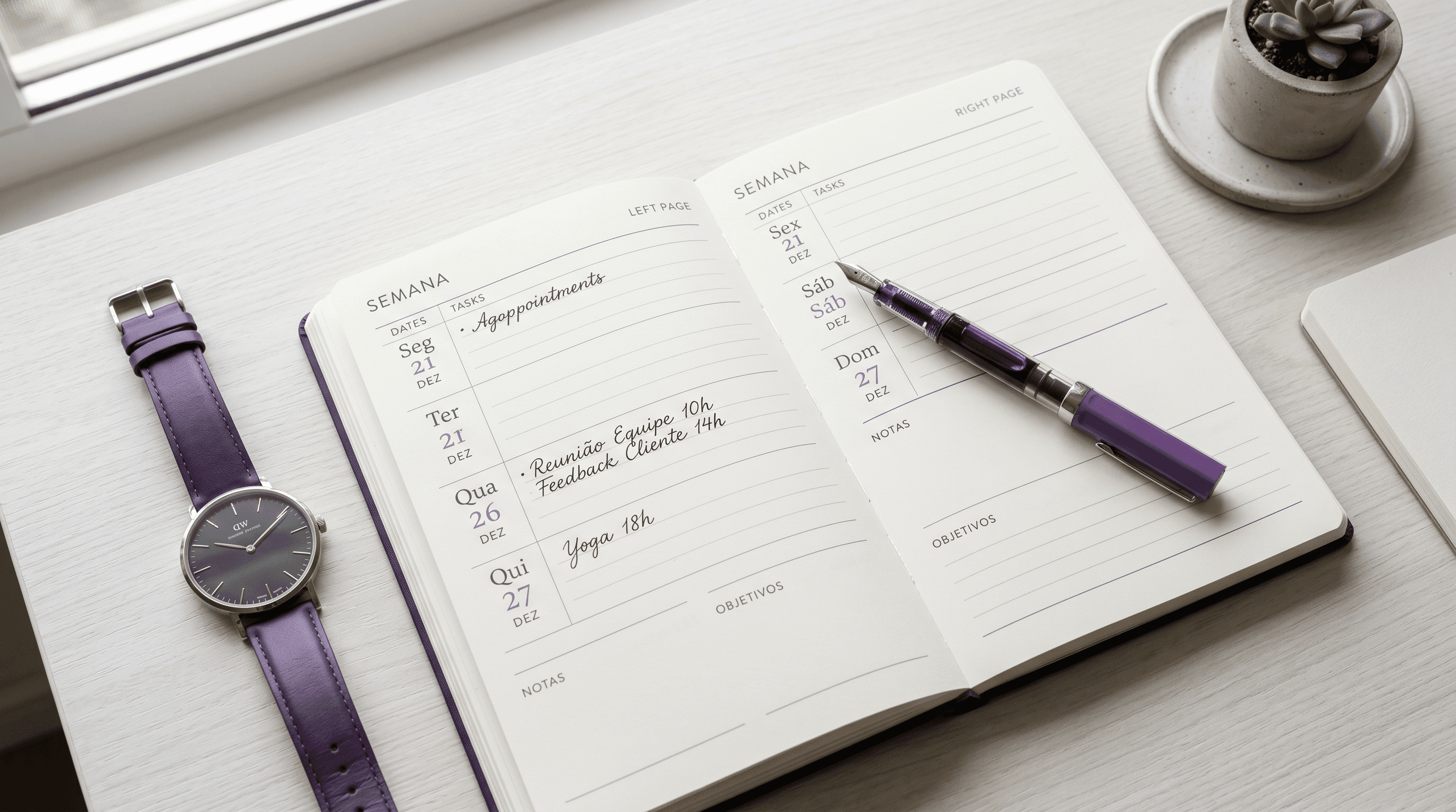 Planner semanal, relógio e caneta sobre a mesa