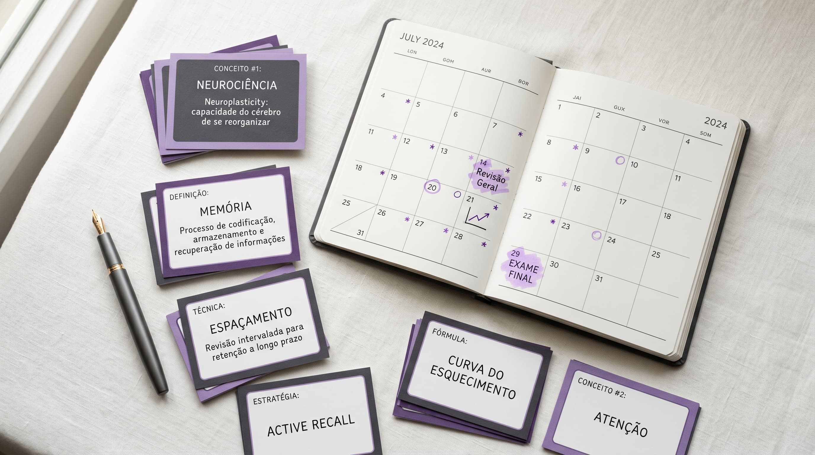 Cartões de revisão (flashcards) e um calendário com marcações