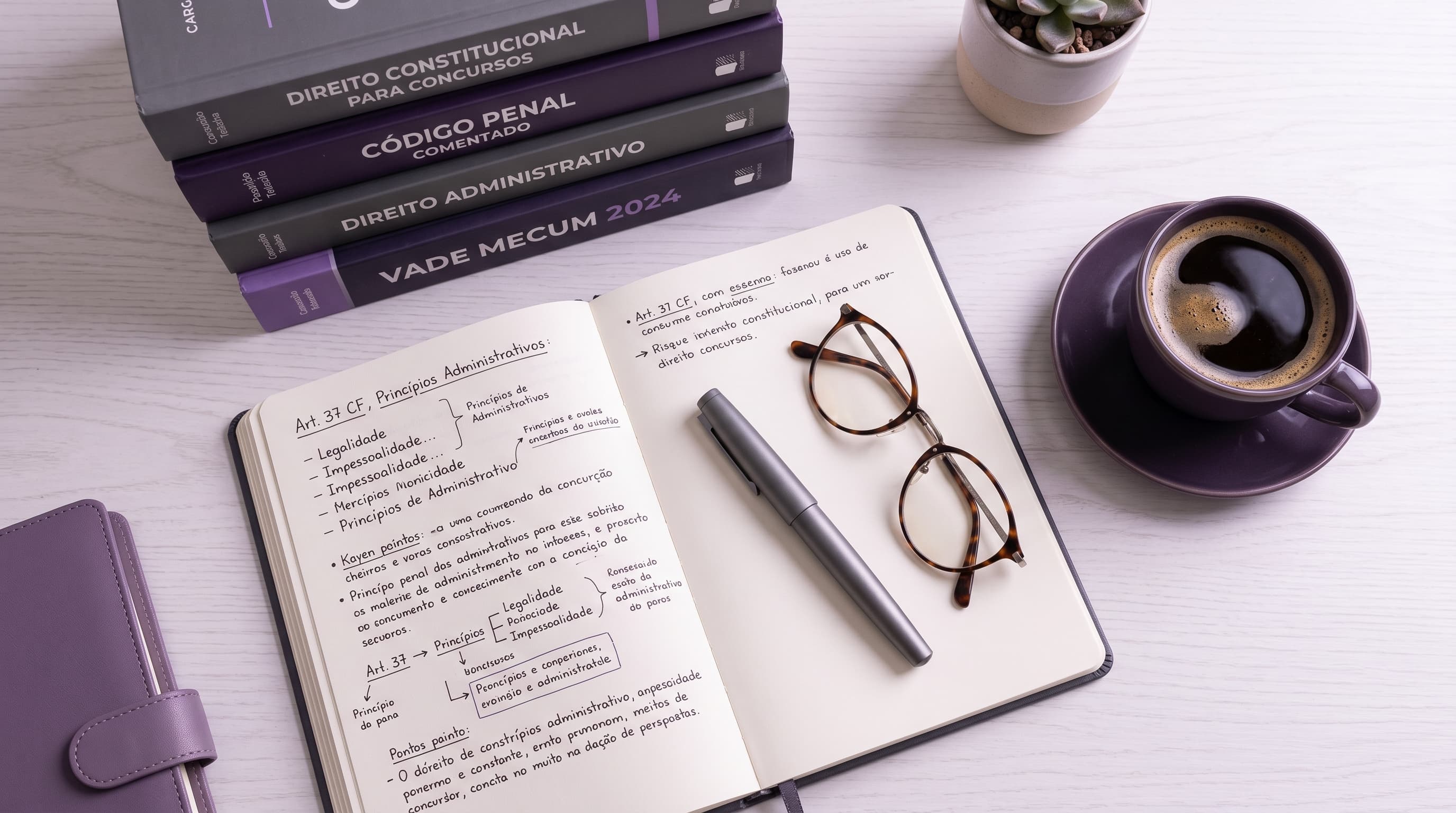Mesa de estudos com livros de Direito Constitucional, Penal e Administrativo, Vade Mecum e anotações do Art. 37 da Constituição